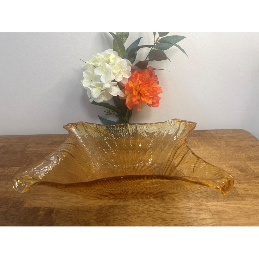 Vintage Amber Glass Ruffled Serving Bowl Likely 1960s‎ 1970s Mid Century Decor